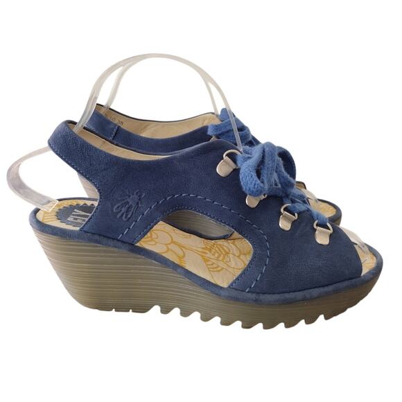 Fly London | Ylfa Blue Suede Lace-Up Wedge Sandals Size Women's 38 US 7-7.5 - Picture 1 of 16